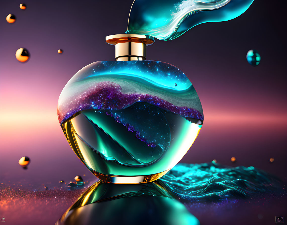 Surreal digital artwork: swirling galaxy in perfume bottle on purple backdrop