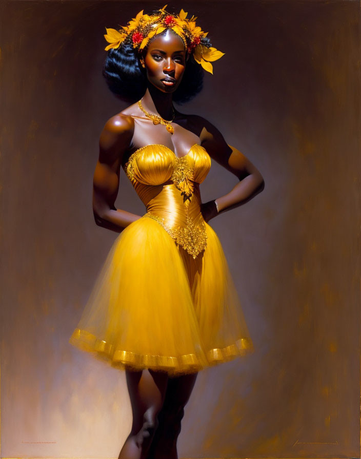 Woman in Yellow Dress with Floral Hair Accessories and Gold Jewelry Poses Elegantly