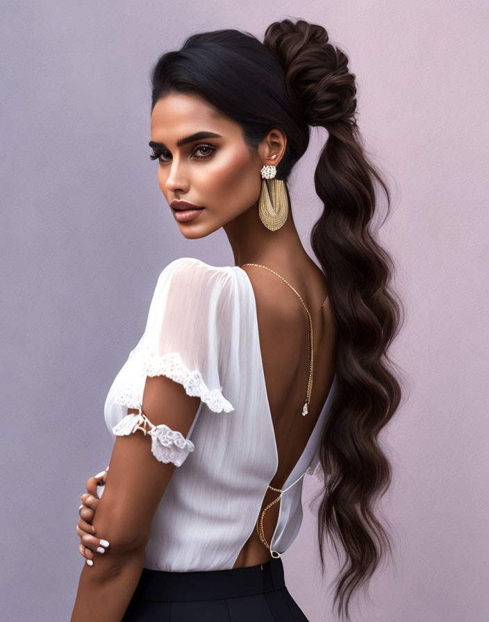 Digital illustration: Woman with long wavy ponytail, sheer white blouse, hoop earrings, back necklace