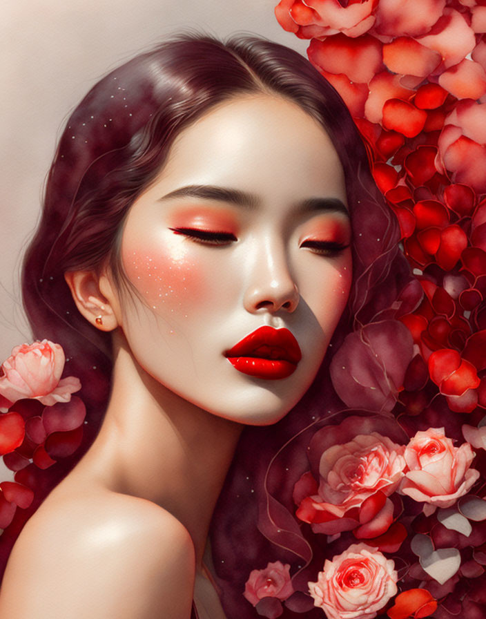 Digital portrait of woman with closed eyes, red and pink flowers, starry skin, red lipstick