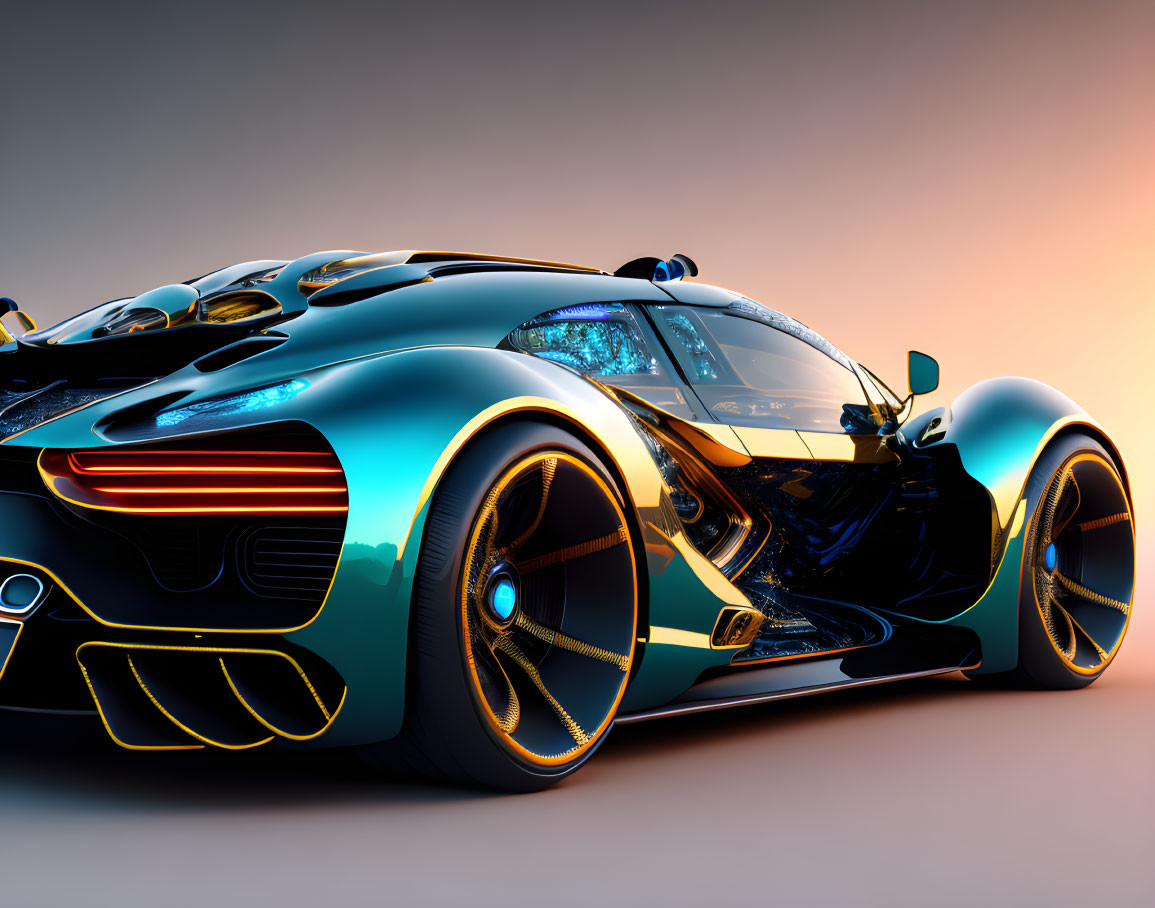 Futuristic sports car with sleek curves and glowing blue accents