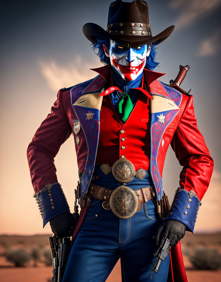 Clown in patriotic cowboy costume with revolver and desert backdrop