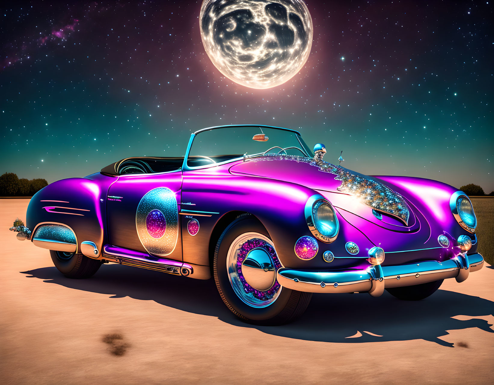 Purple Classic Car with Sparkling Rims Under Starry Sky and Oversized Moon