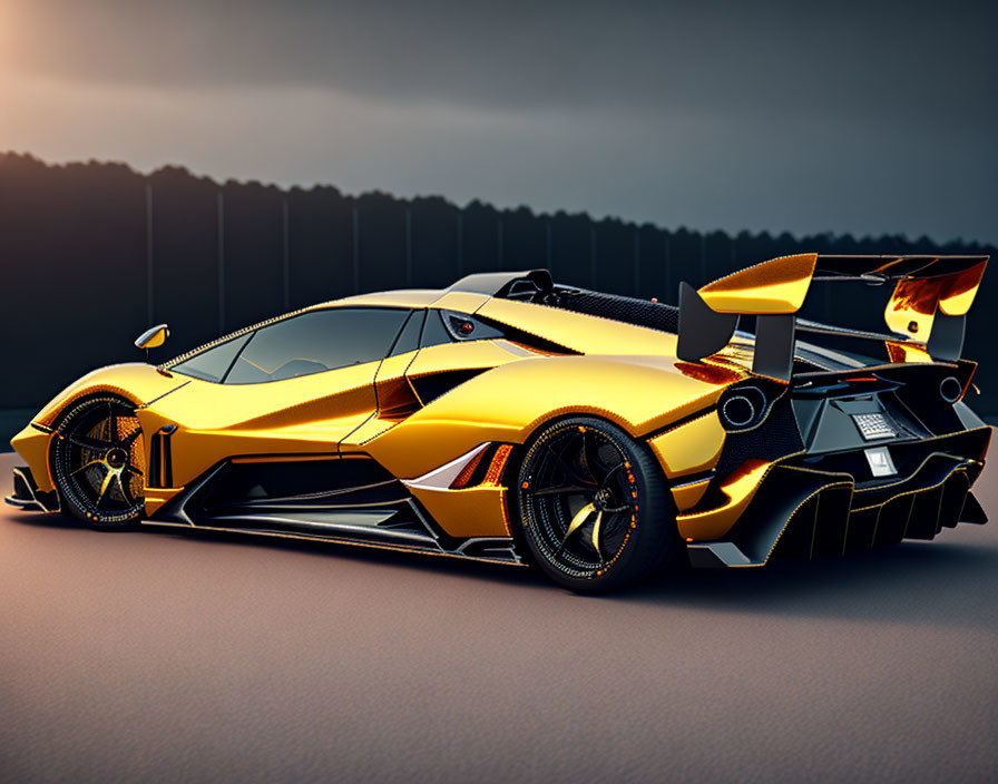 Golden sports car with aerodynamic bodywork and rear wing against sunset.