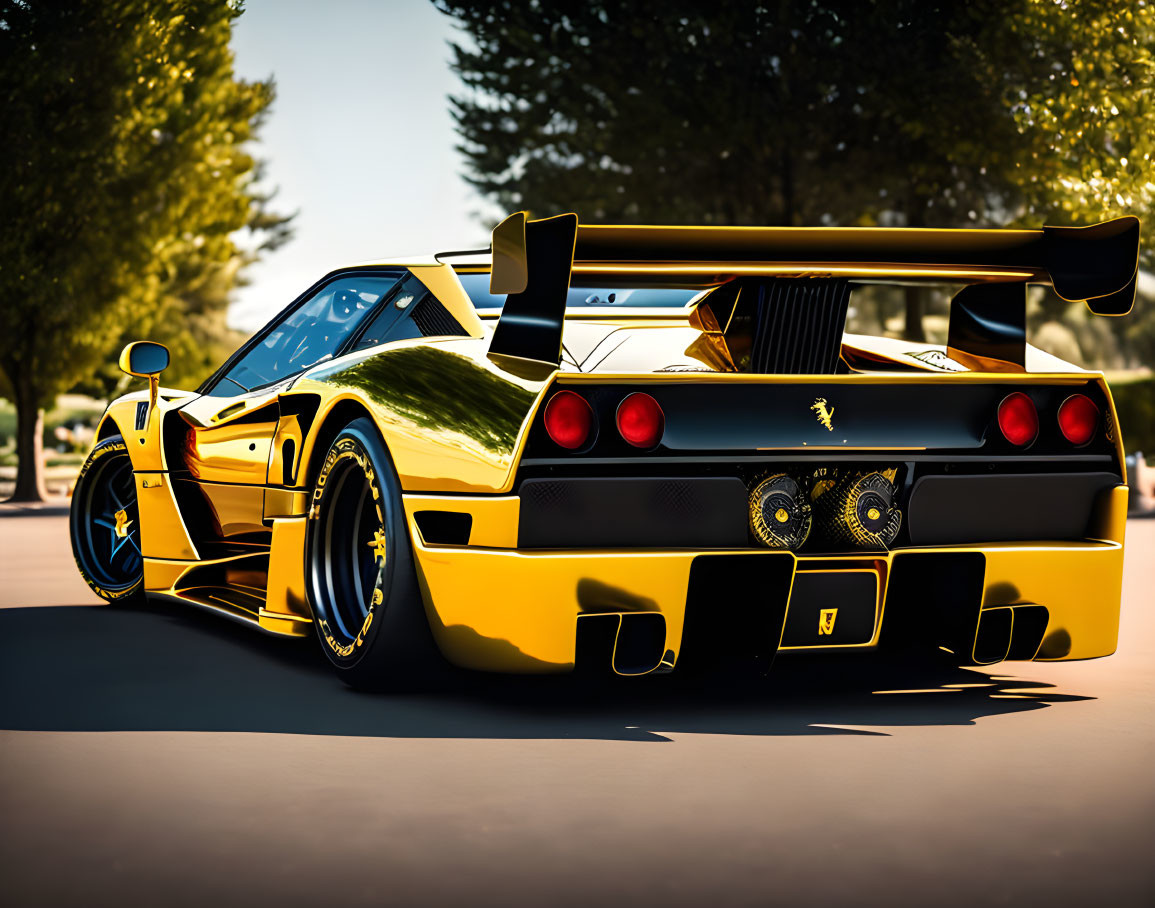 Yellow Ferrari F40 with Large Spoiler and Twin Exhausts - Rear View