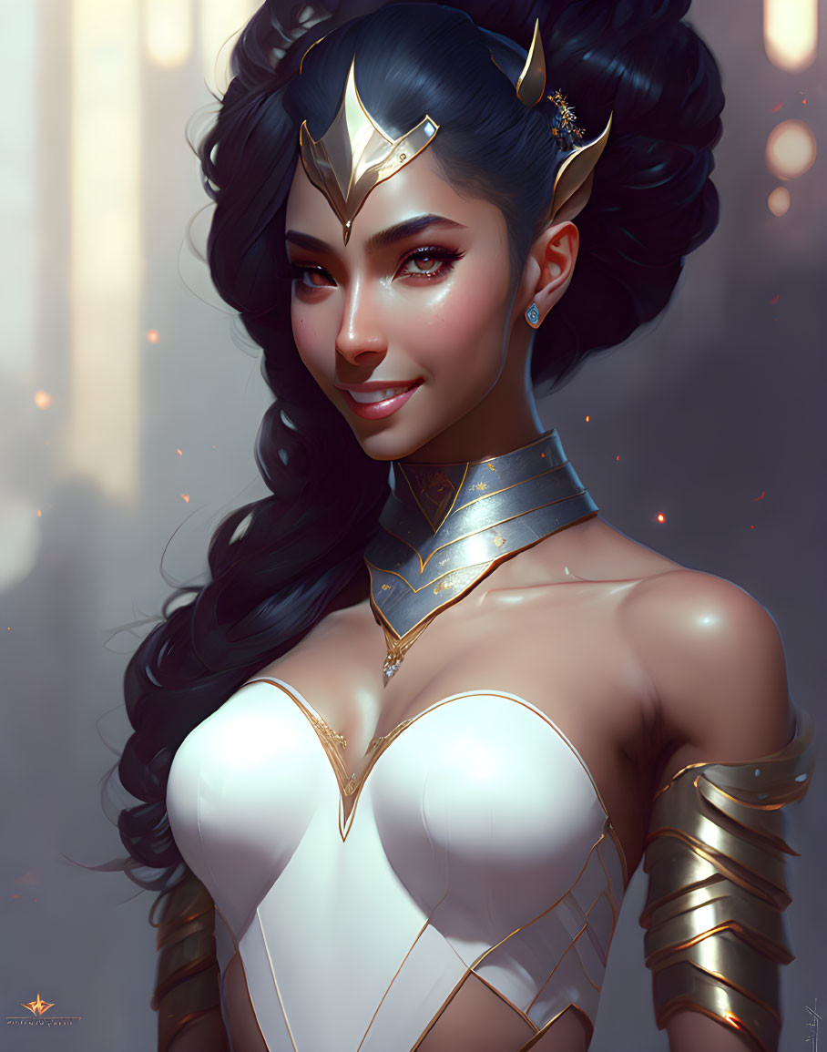 Fantasy character with golden tiara, armlets, dark hair, and white outfit with gold details