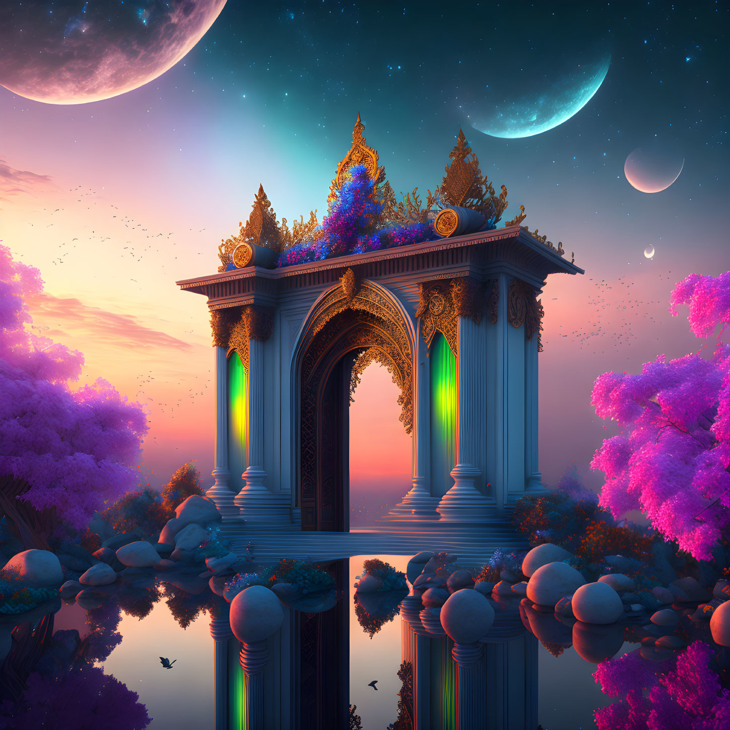 Intricate gate in fantasy landscape with pink trees, lake, and twilight sky