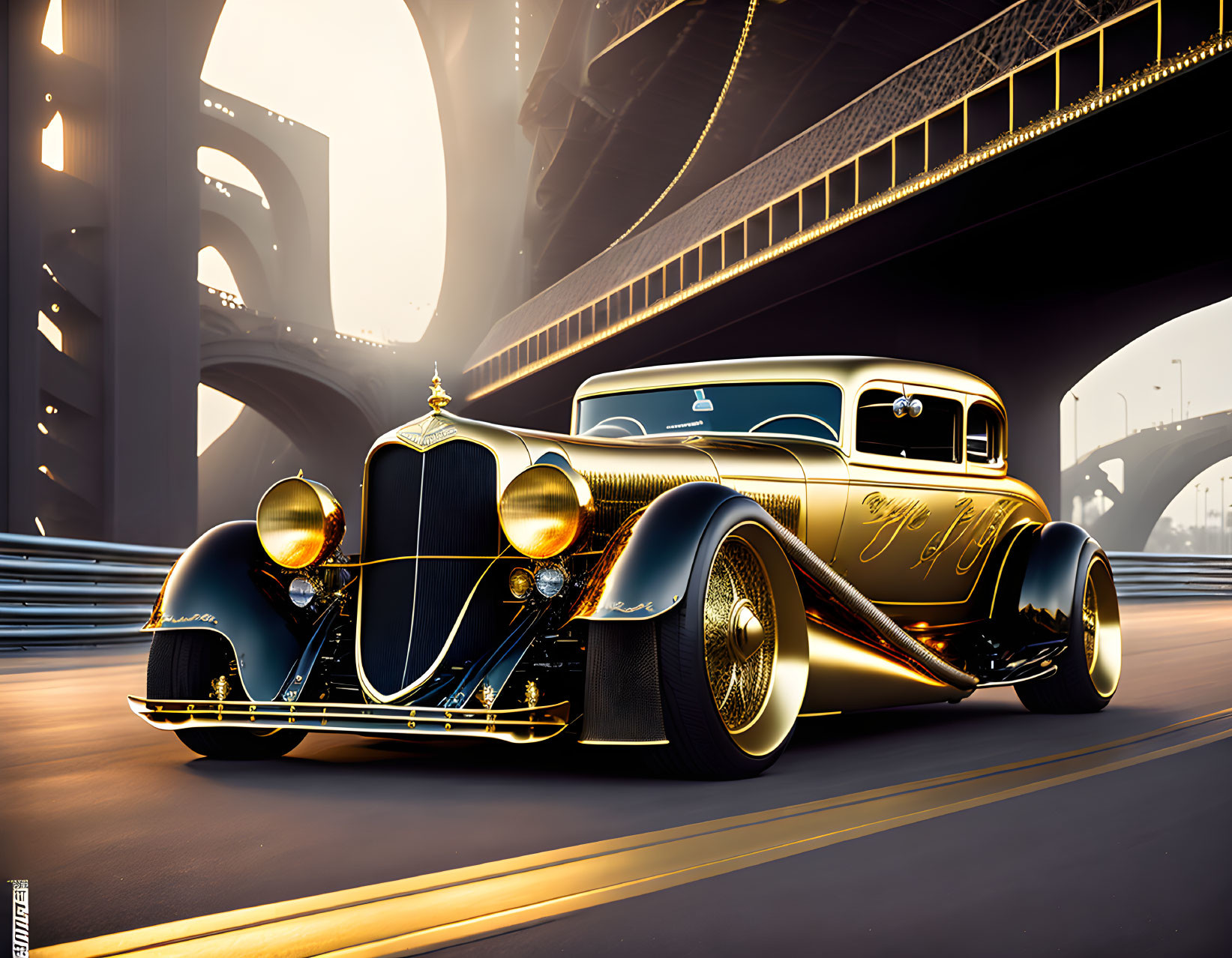 Classic Black and Gold Hot Rod on Bridge at Sunset