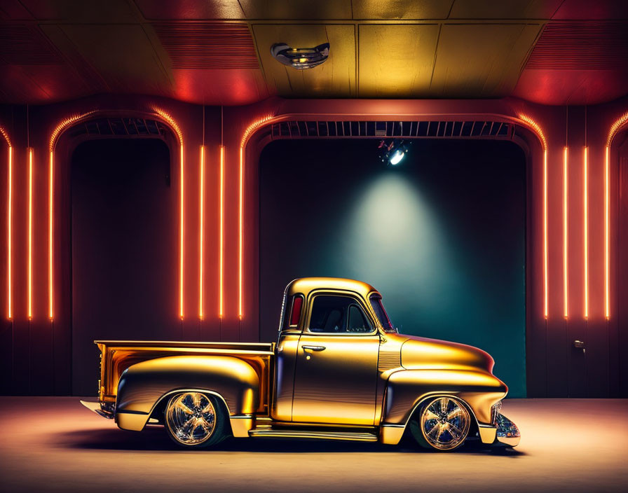 Vintage Pickup Truck under Red Neon Lights in Warm Ambiance