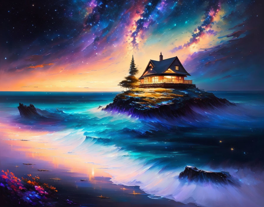 Isolated island house under vibrant starry sky and glowing sunset sea waves