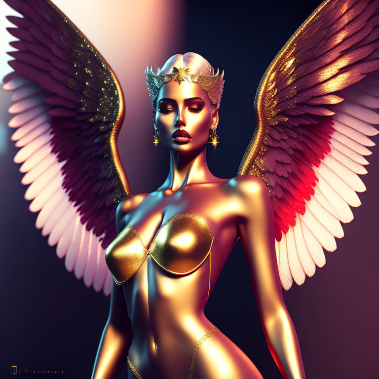 Golden-skinned female figure with winged headpiece and feathered wings in minimalist gold attire on mo