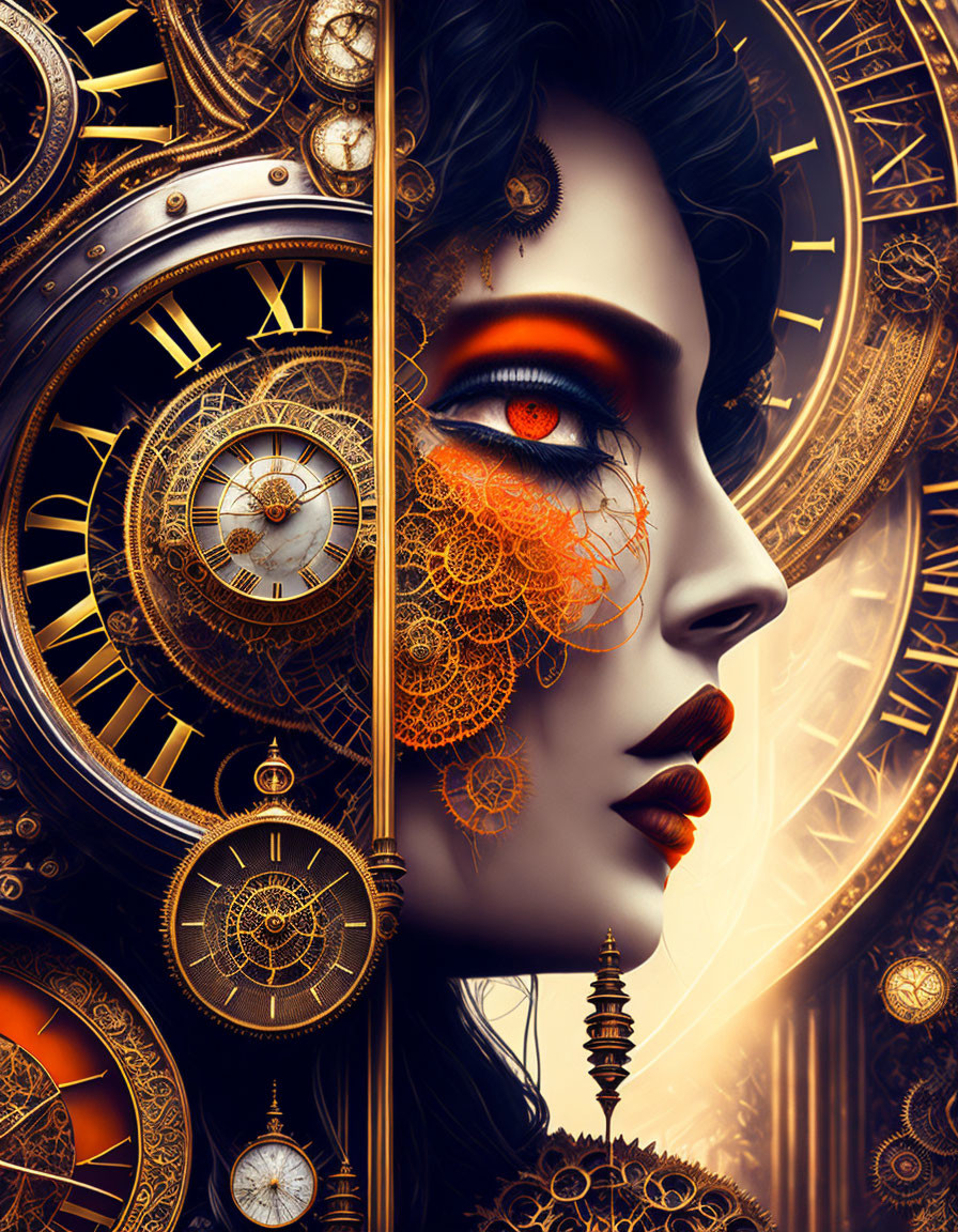 Woman's face with golden clockwork and lace details blending human features