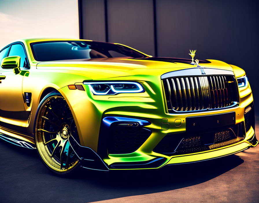 Luxury Yellow-Gold Car with Custom Features Displayed Under Warm Lighting