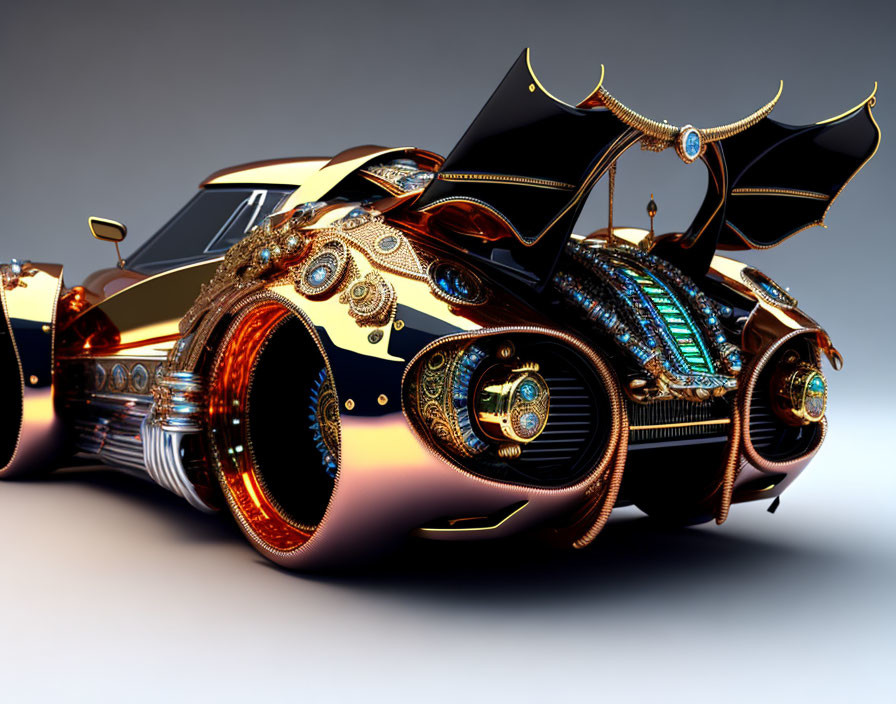 Luxurious Steampunk Car with Gold and Bronze Details