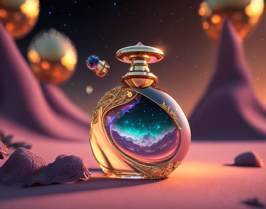 Cosmic landscape in mystical perfume bottle on twilight desert backdrop