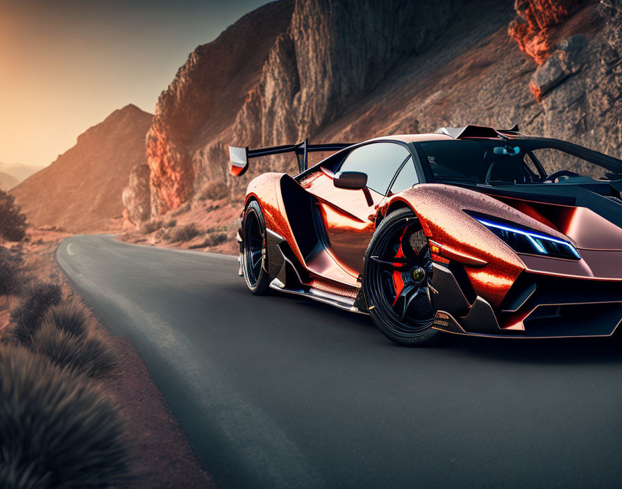 Red Sports Car with Black Accents Parked in Desert Sunset