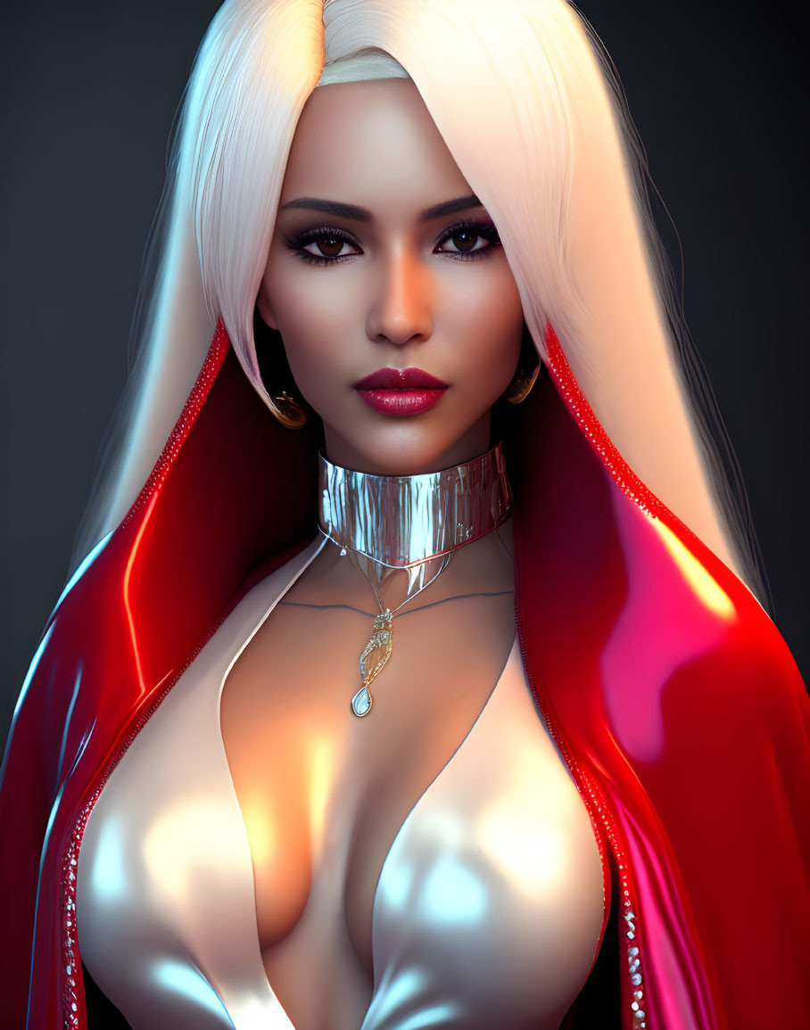 Platinum blonde woman in red cape with silver accessories against dark backdrop