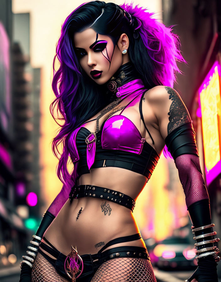 Vibrant Purple Hair Woman in Futuristic Punk Outfit