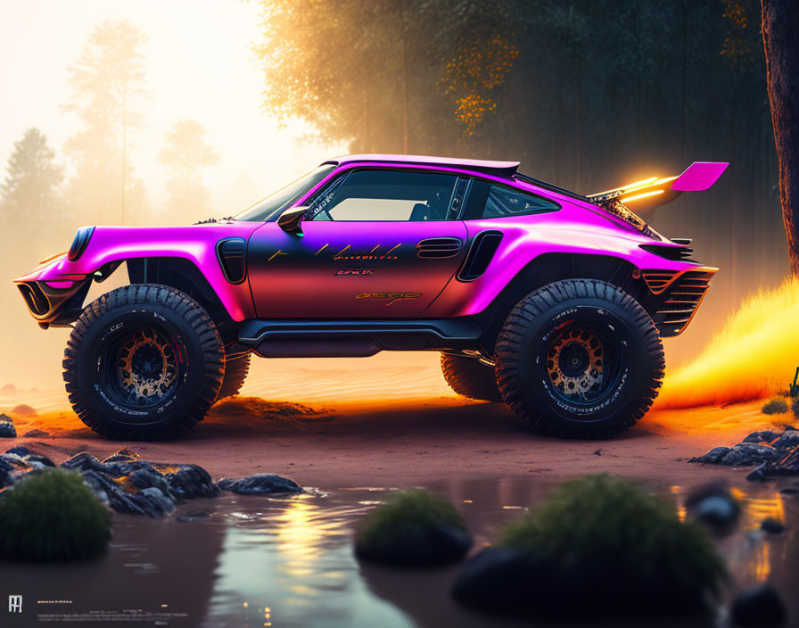 Futuristic pink off-road sports car in misty forest at sunset