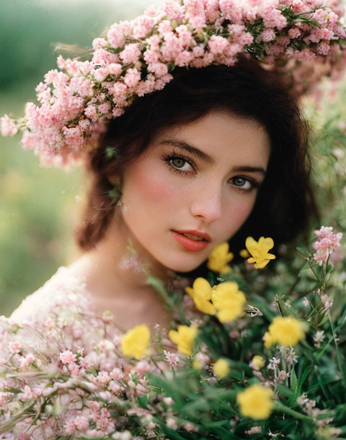 Woman with Floral Crown Surrounded by Pink and Yellow Flowers