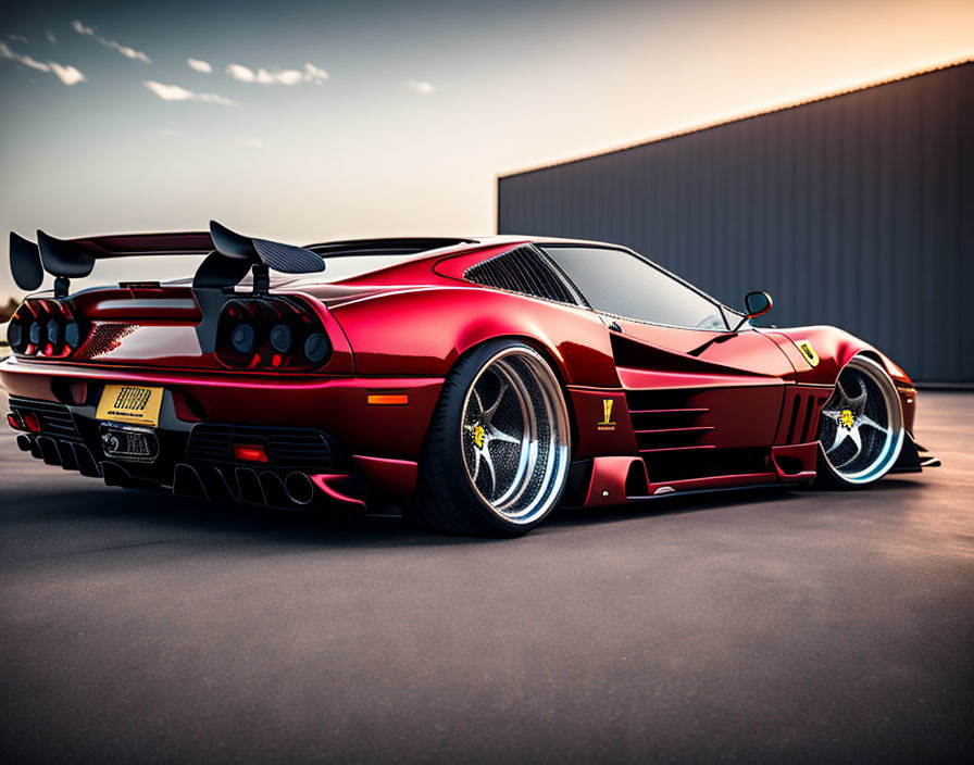 Aerodynamic Red Sports Car with Rear Wing and Yellow Rims at Sunset