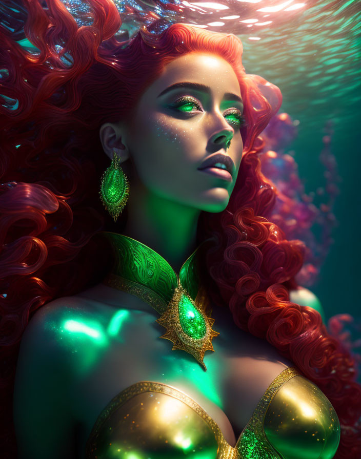 Vibrant red-haired woman with emerald green makeup underwater illuminated by mystical green light.