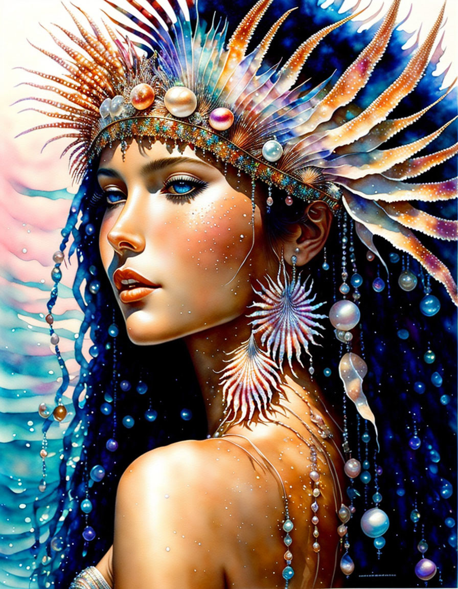 Colorful Illustration of Woman in Feathered Headdress and Jewels