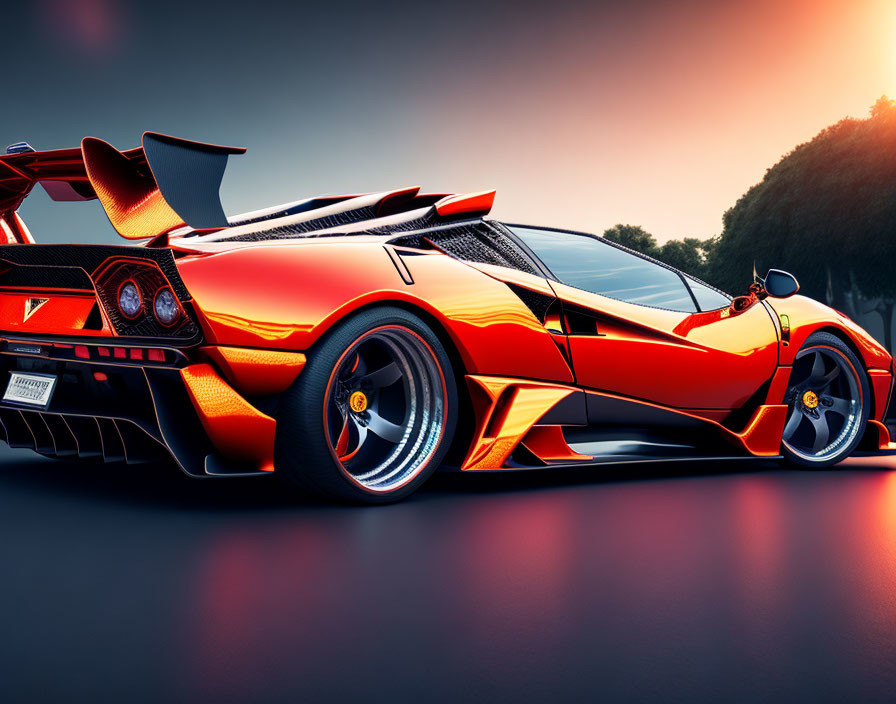 Red Sports Car with Aerodynamic Design and Large Rear Spoiler at Sunset