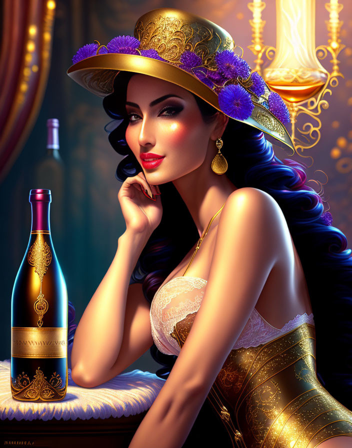 Dark-haired woman in gold hat and corset with wine bottle at table