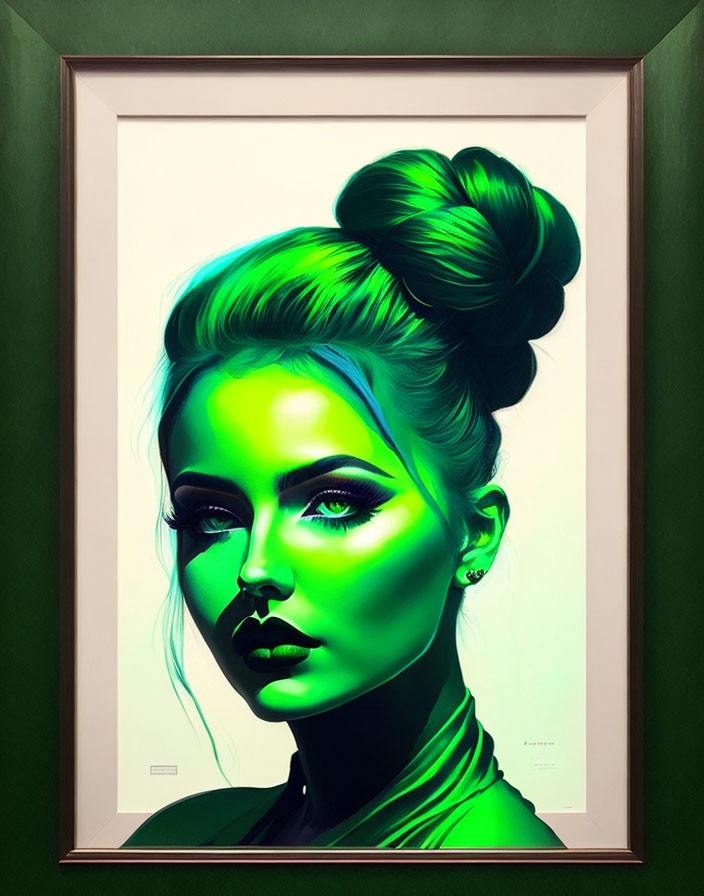 Portrait of Woman with Green-Tinted Skin and Topknot Hairstyle on Dark Green Background