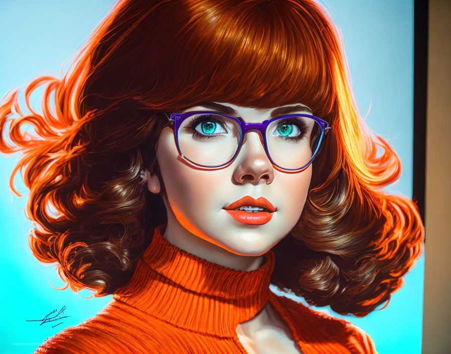 Digital illustration: Woman with auburn hair, blue eyes, purple glasses, orange turtleneck