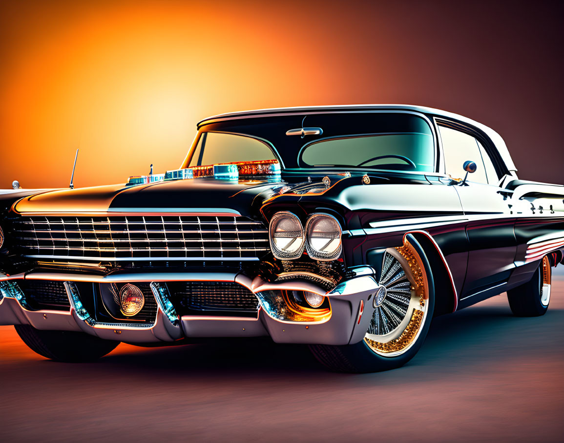 Vintage Black Car with Chrome Detailing and Golden Rims on Orange Gradient Background