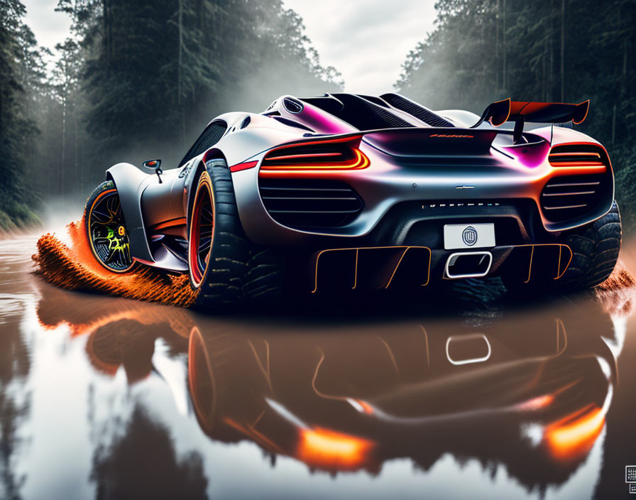 Sleek black and orange sports car speeds through wet forest road