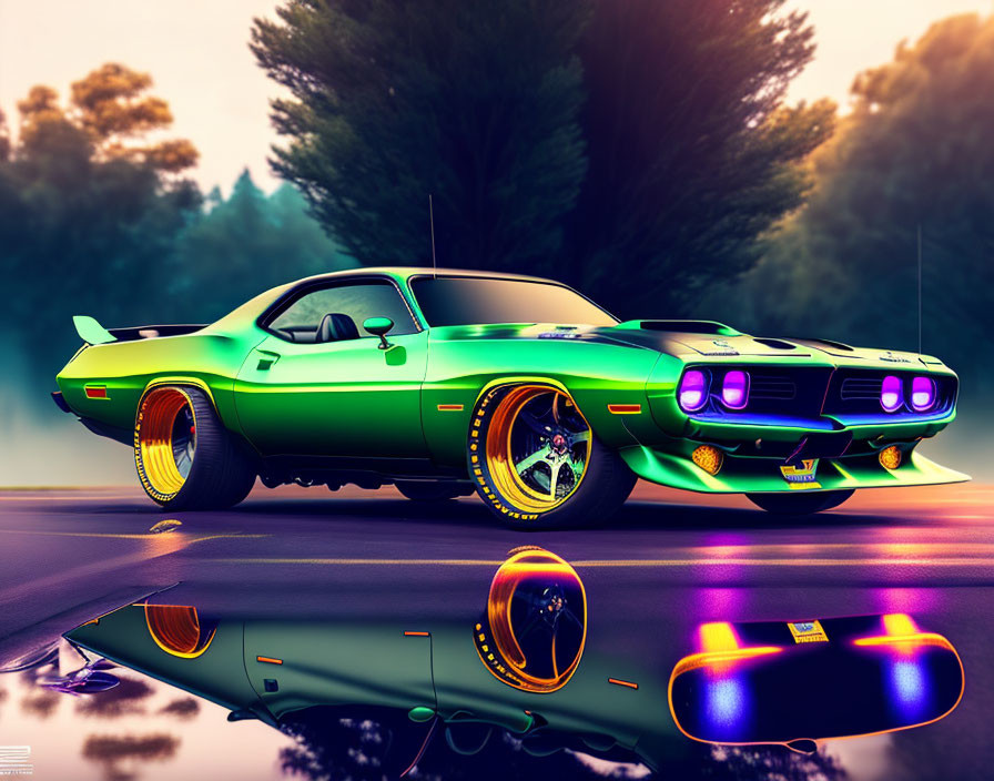 Vintage Green Muscle Car with Golden Wheels on Reflective Road Amid Hazy Purple Forest