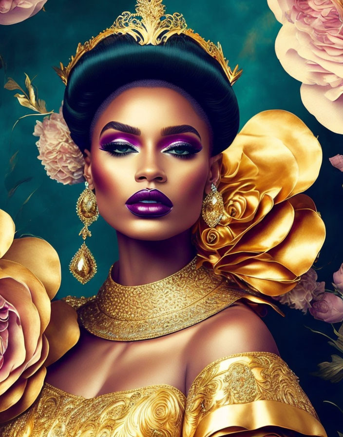 Regal woman in golden attire surrounded by flowers and bold makeup