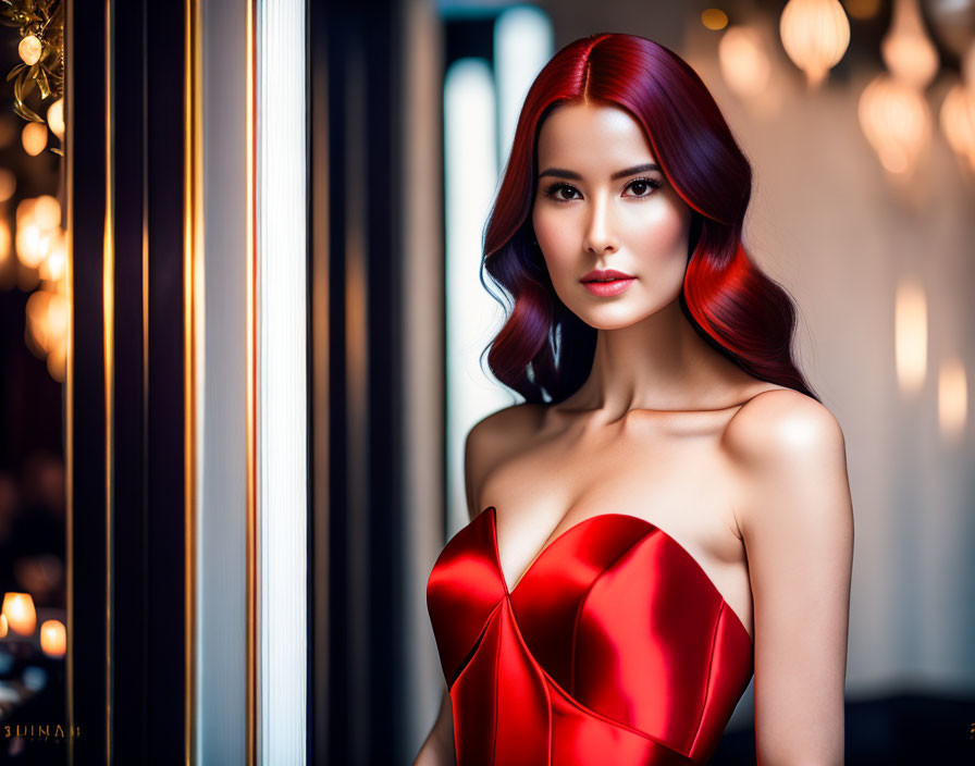 Elegant Woman in Red Dress with Flowing Hair Beside Glowing Lights