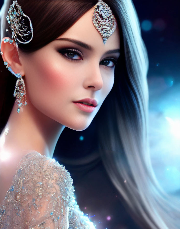 Woman with Dark Hair in Silver Jewelry on Galactic Background