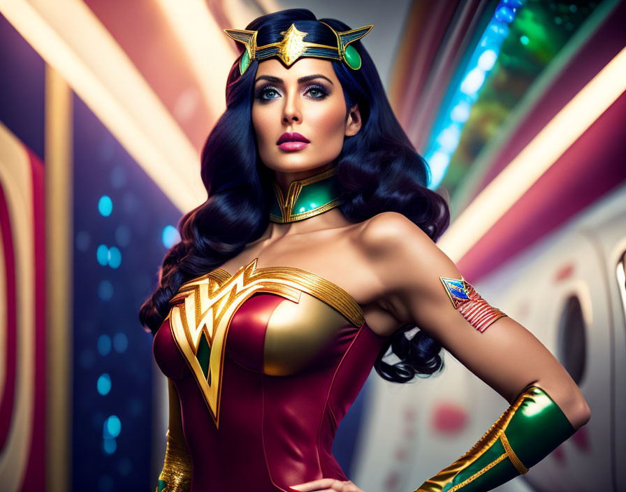 Woman in Wonder Woman costume with tiara and bracelets in heroic pose