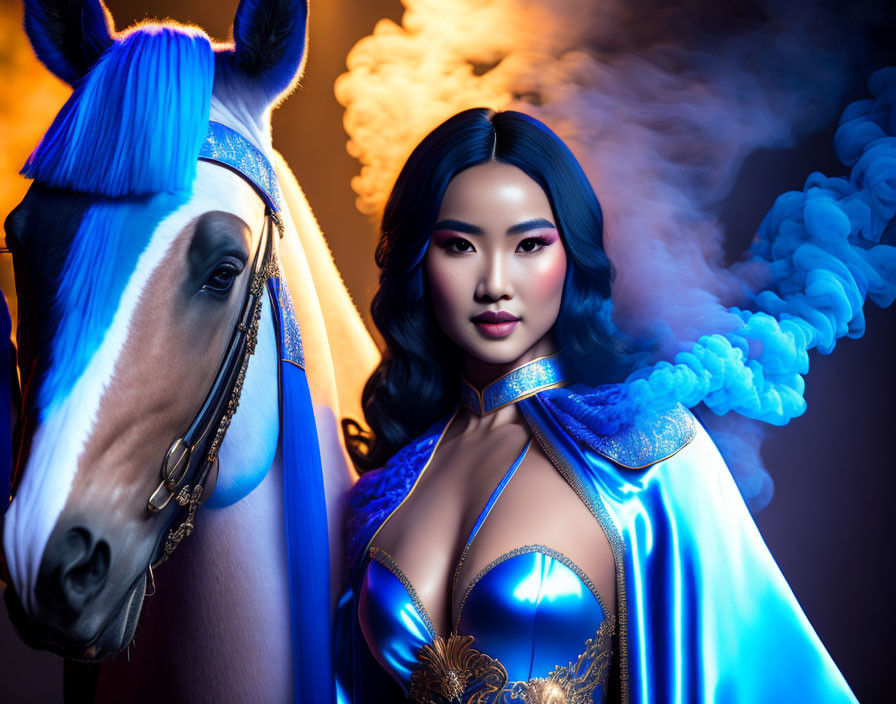 Woman in ornate blue outfit with horse in vibrant orange smoke.