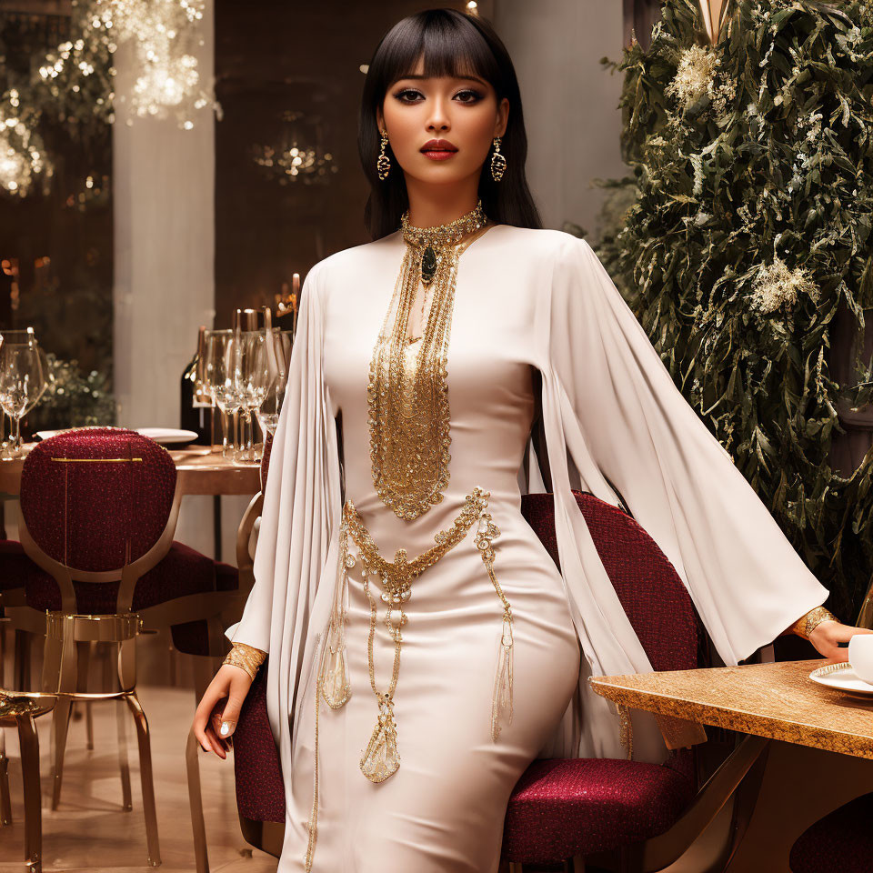 Sophisticated individual in white dress with gold embellishments in luxurious festive setting