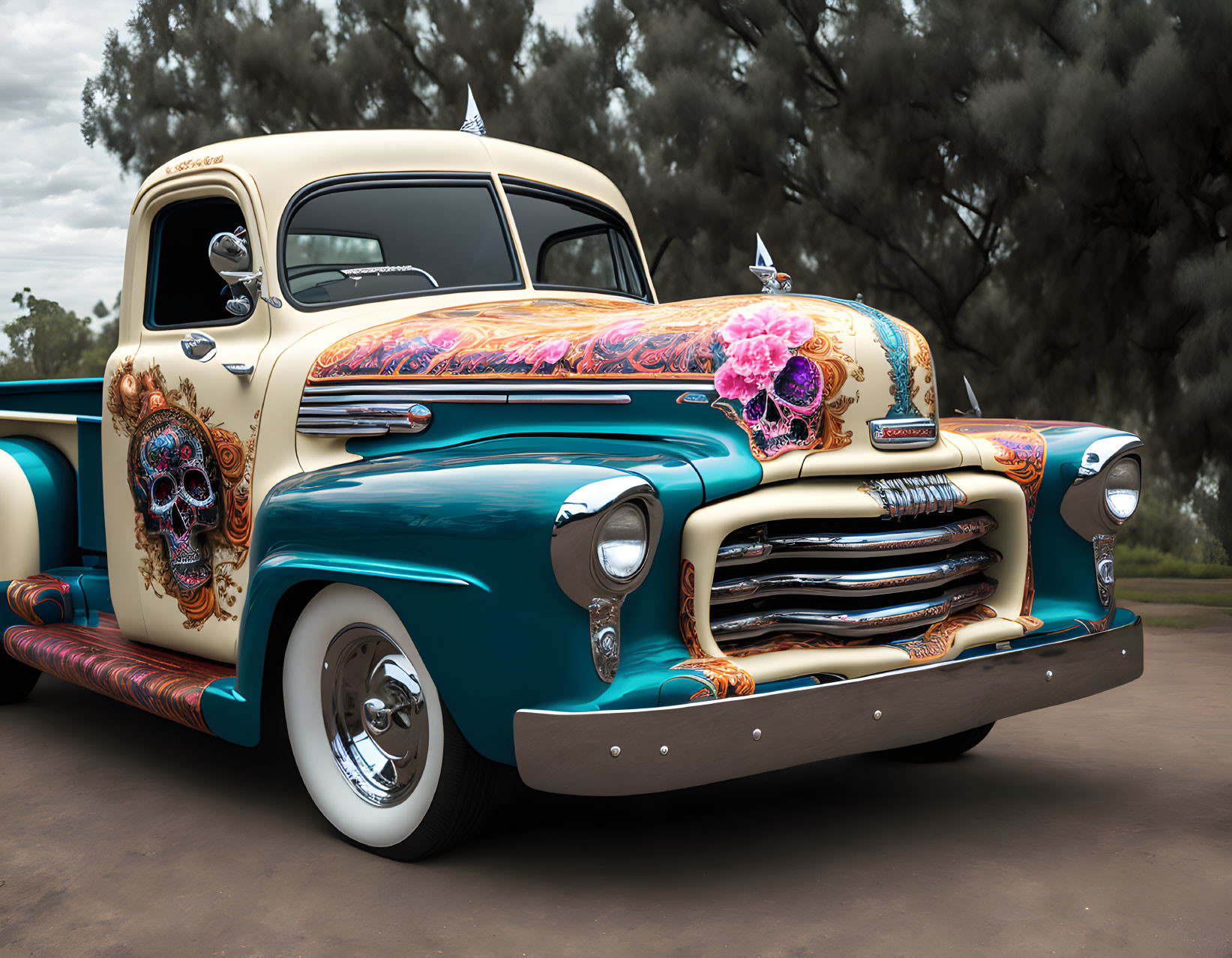 Vintage Turquoise Pickup Truck with Day of the Dead Artwork