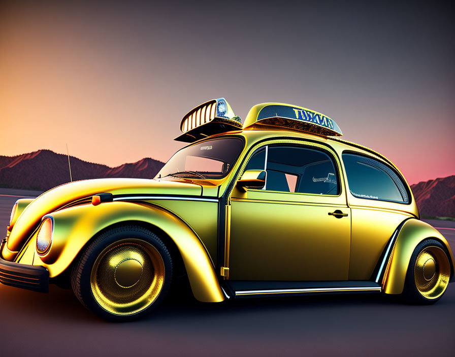 Vintage Yellow Volkswagen Beetle with Taxi Sign Against Mountain Sunset