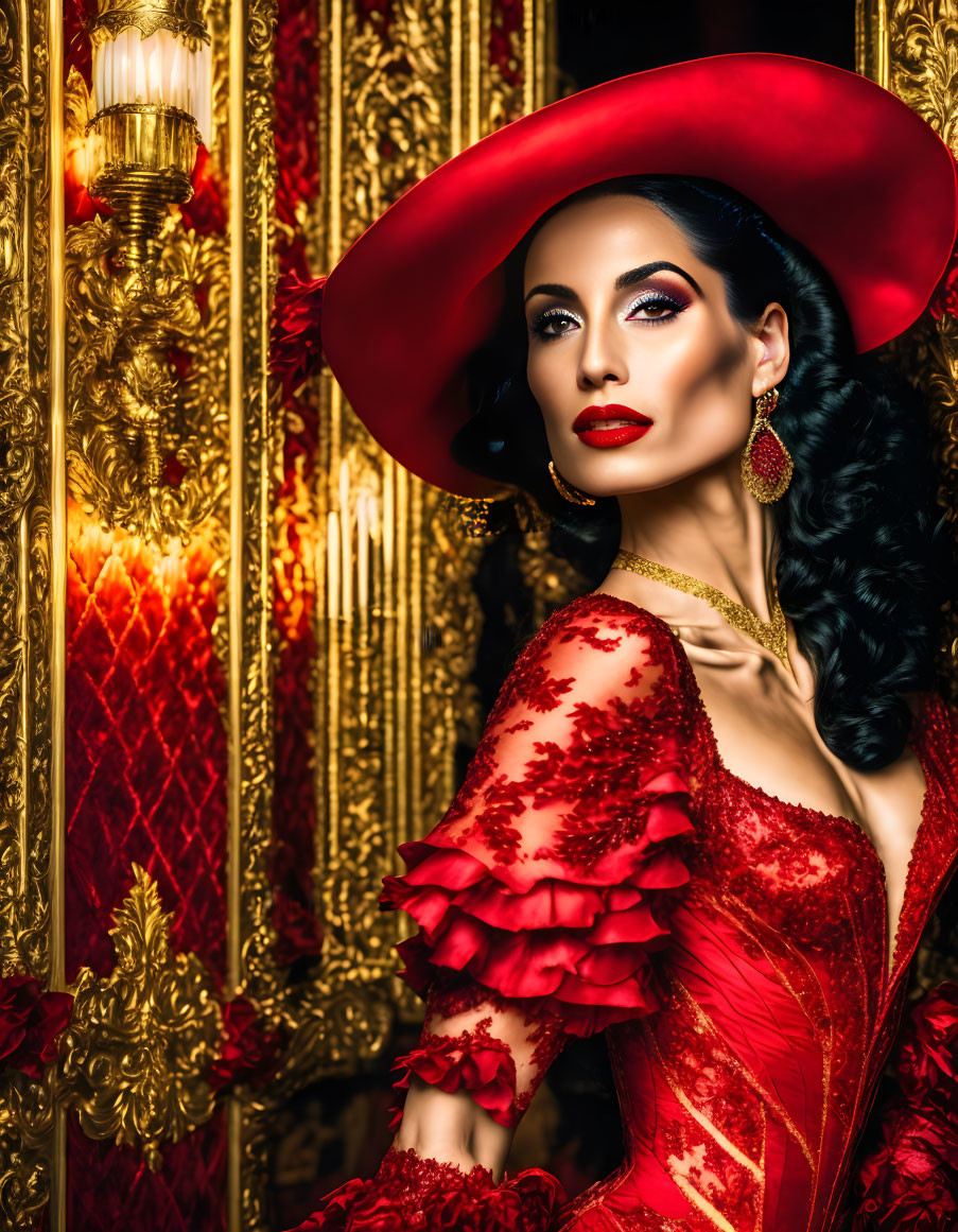 Woman in vibrant red dress and hat against gold-patterned backdrop with vintage lamp