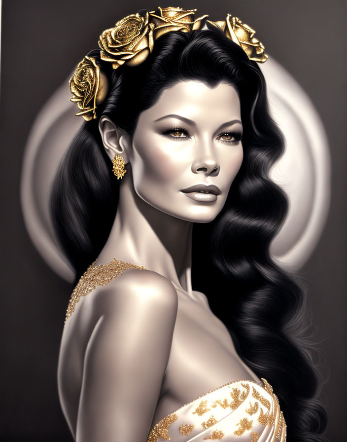 Illustrated portrait of woman with black hair, golden roses, earrings, and white dress