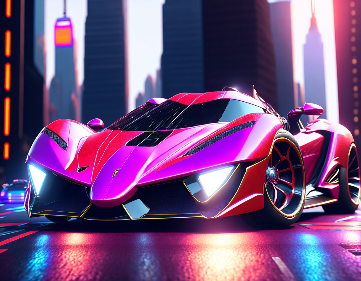 Sleek futuristic sports car with vibrant neon lights in city setting