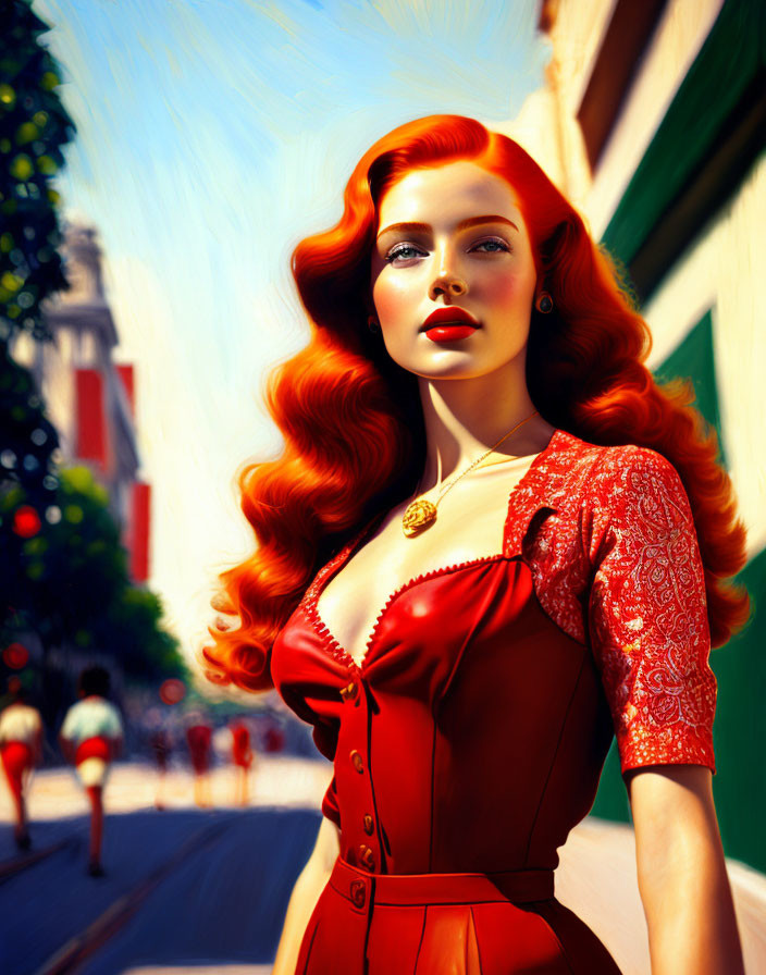 Illustration: Woman with red hair and dress walking on sunny street