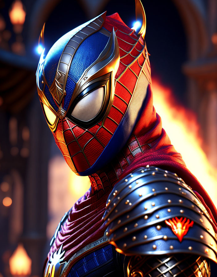 Detailed Samurai Suit Spider-Man Close-Up in Warm Glows & Cool Blue Lights