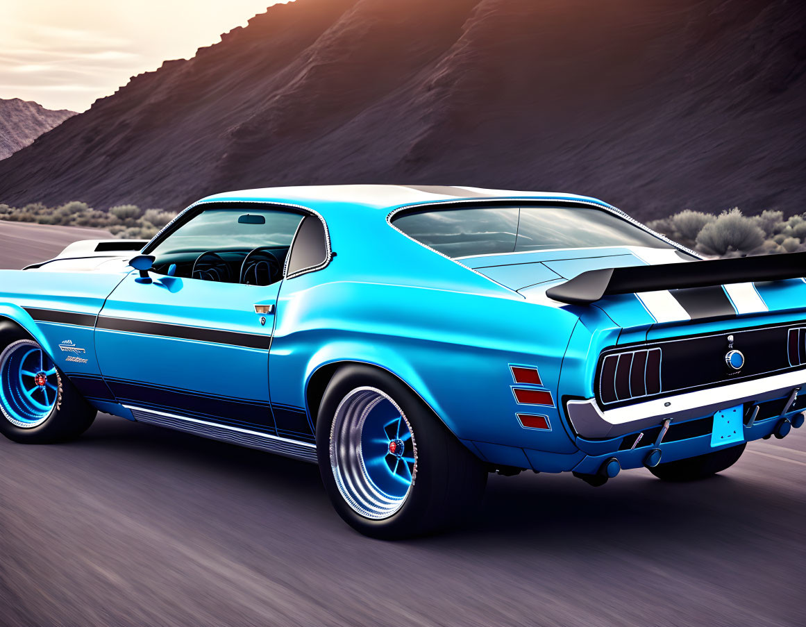 Shiny blue classic muscle car with racing stripes speeding on road