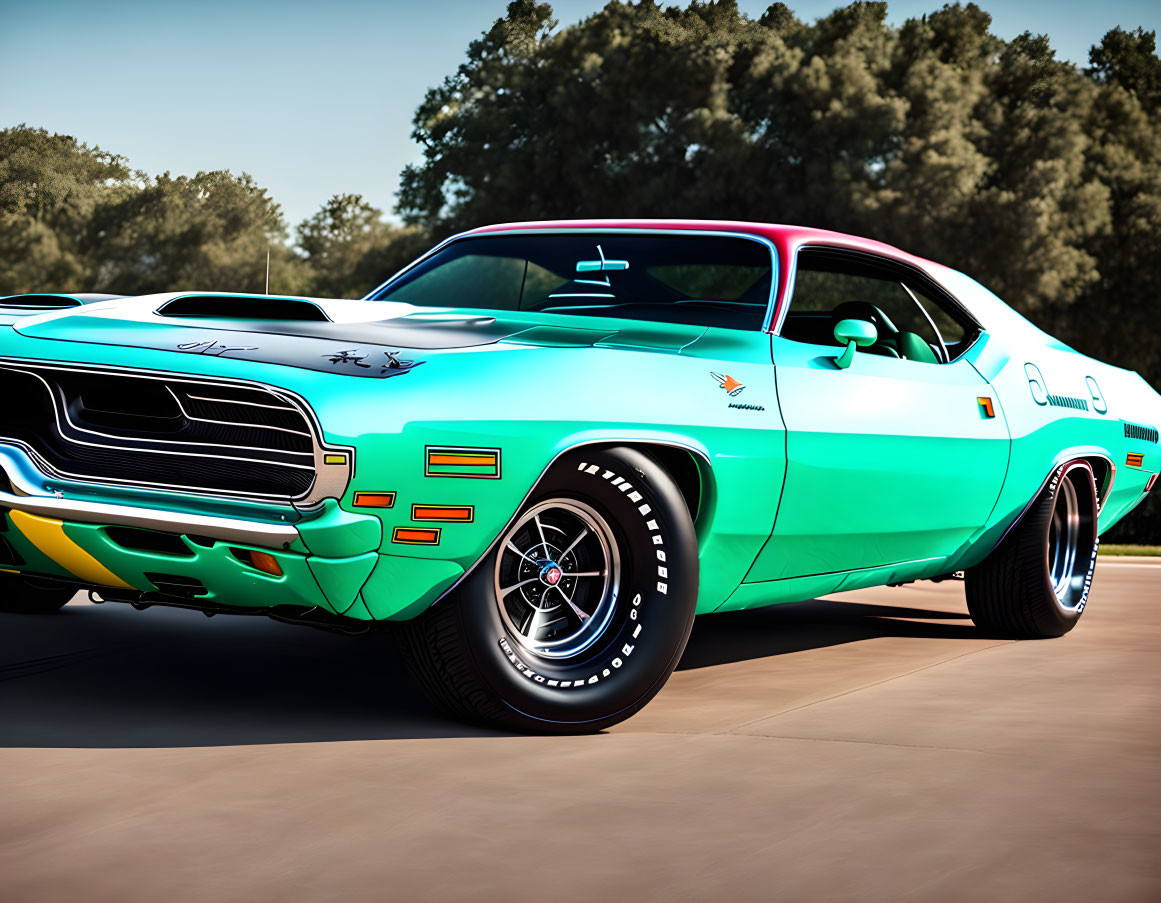 Vintage Turquoise Muscle Car with Black Stripes and Chrome Details Outdoors