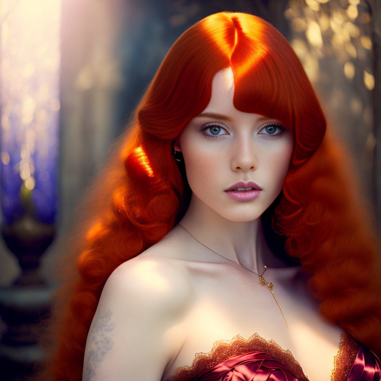 Portrait of woman with red hair, blue eyes, red dress, and shoulder tattoo in dreamy setting